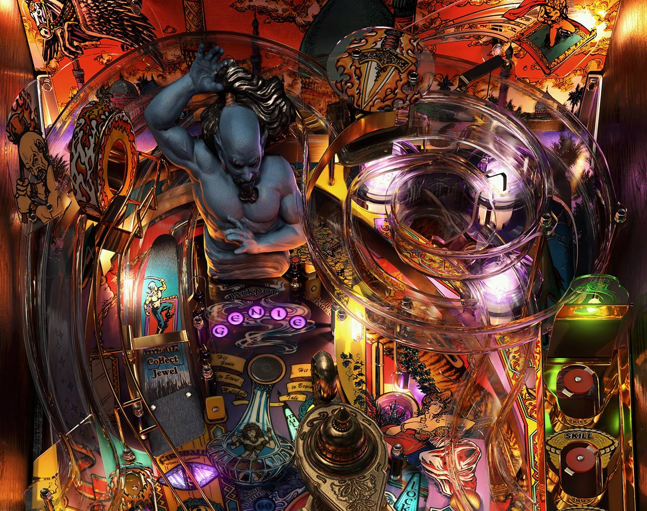Close-up of the Tales of the Arabian Nights playfield: the blue Genie figure, glowing purple GENIE jackpot lights, chrome ramps, and the ornate lamp toy