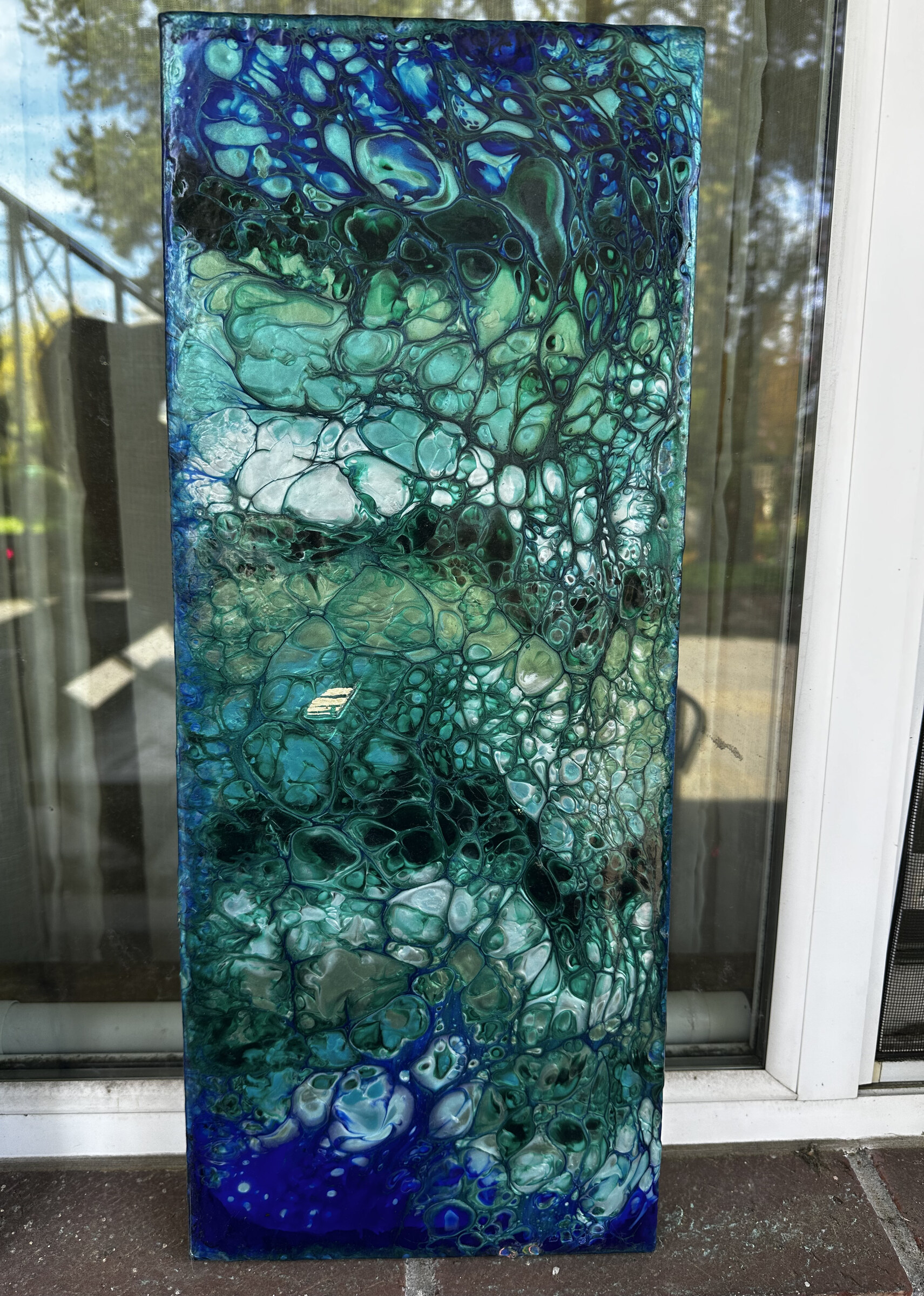 Across the Room — swipe pour, Arteza metallics on vertical canvas