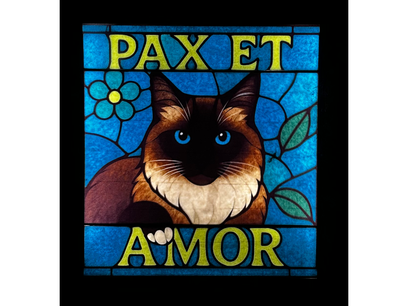 Pax et Amor lightbox lit in a dark room, stained glass ragdoll cat portrait