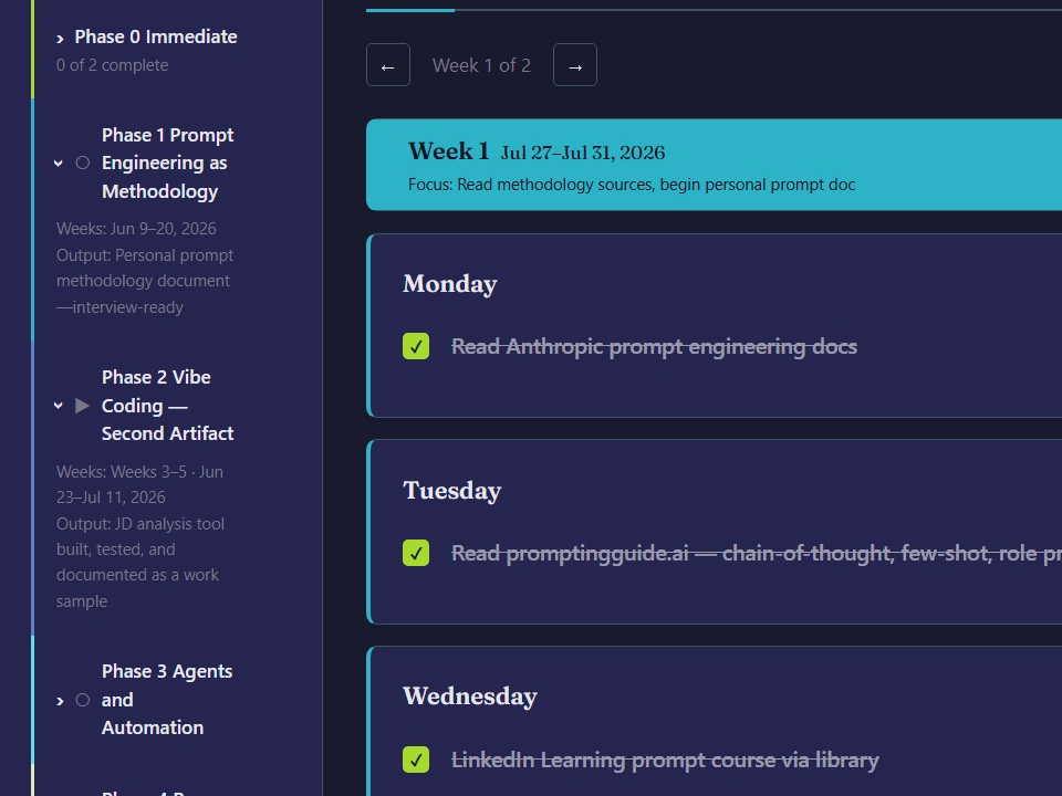 Weekly schedule view from the Learning Platform tracker, showing the phase sidebar and Week 1 tasks with completed items checked off