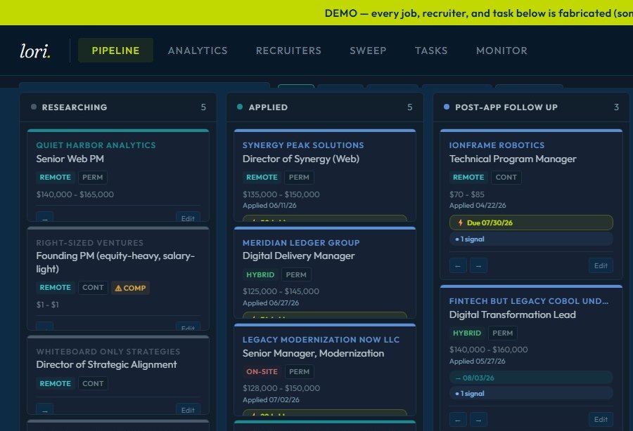 Pipeline kanban board from the Job Search Command Center demo, showing Researching, Applied, and Post-App Follow Up columns with role cards