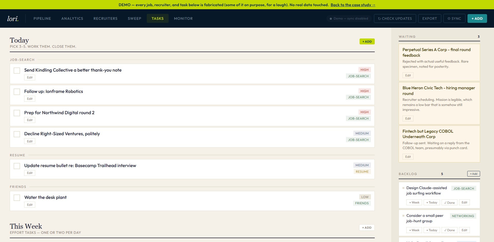 Tasks board from the Job Search Command Center demo, showing Today's picks grouped by job-search, resume, and friends categories, plus Waiting and Backlog panels